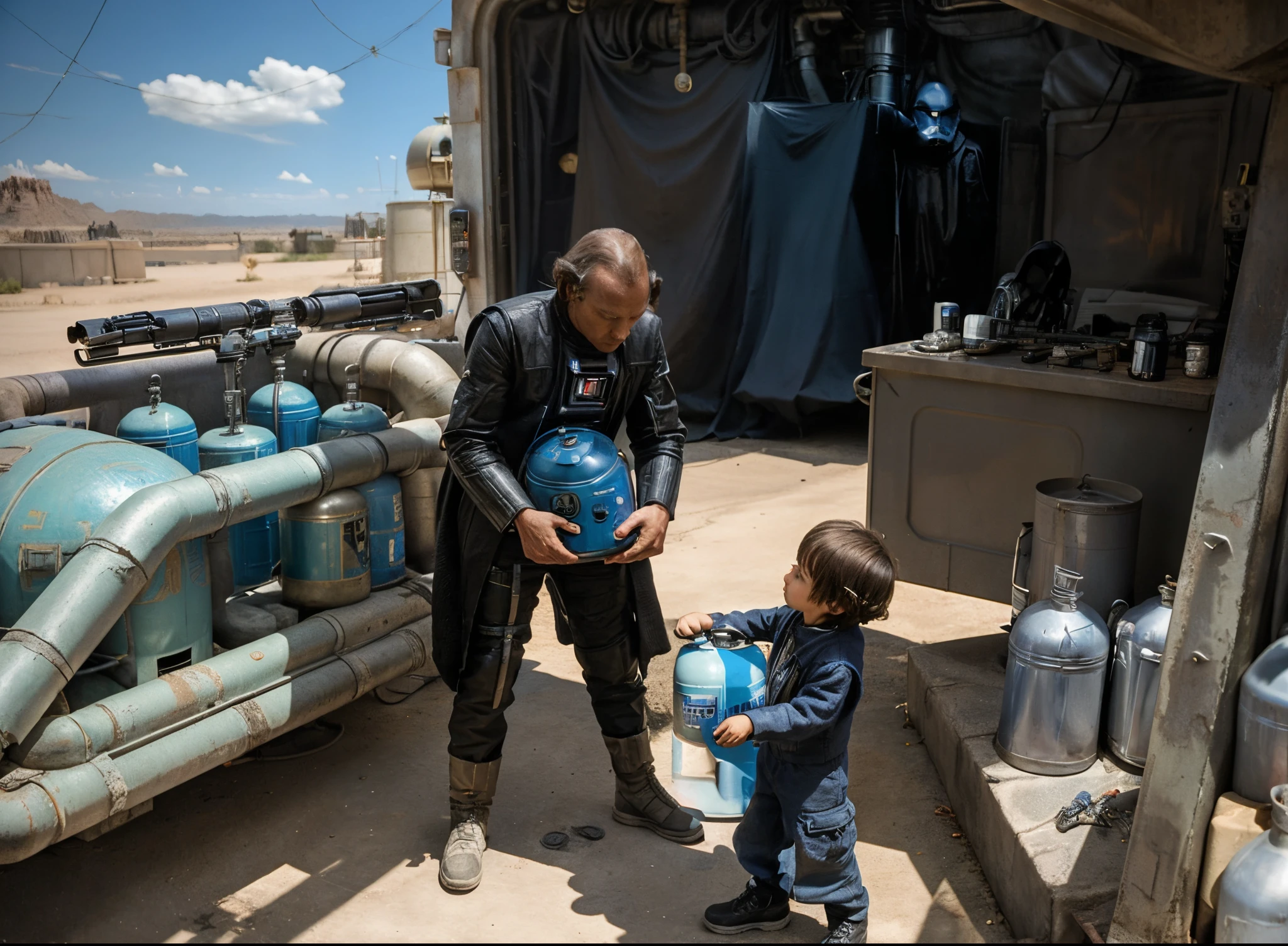 there is a alien man and a alien child standing in front of a gas can, Photograph from star wars