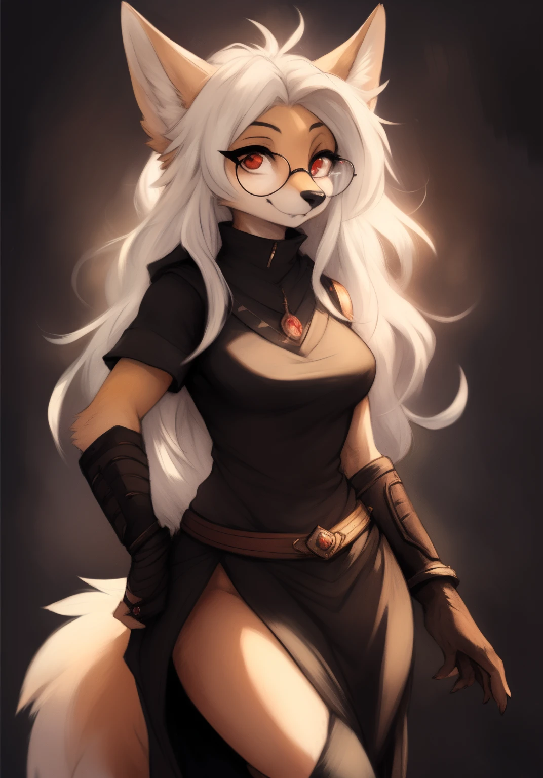 by Zackary911, by Kenket, by Kilinah, by fluff-kevlar, anthro, mommy female fennec fox, solo, long white hair, full body, one big tail, dark background. dark priest with balck and red cloack open belly, round glasses, full body concept, realism, reference, red eyes