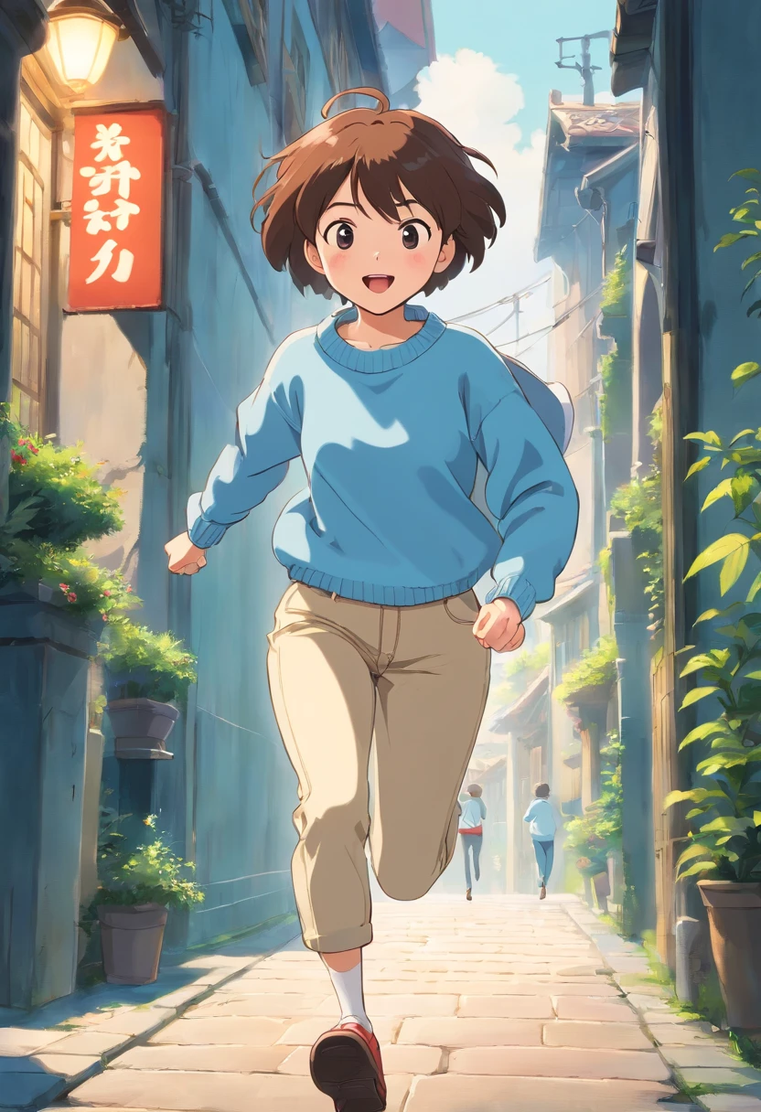 Short-haired girl in light blue sweater running in jeans and having fun