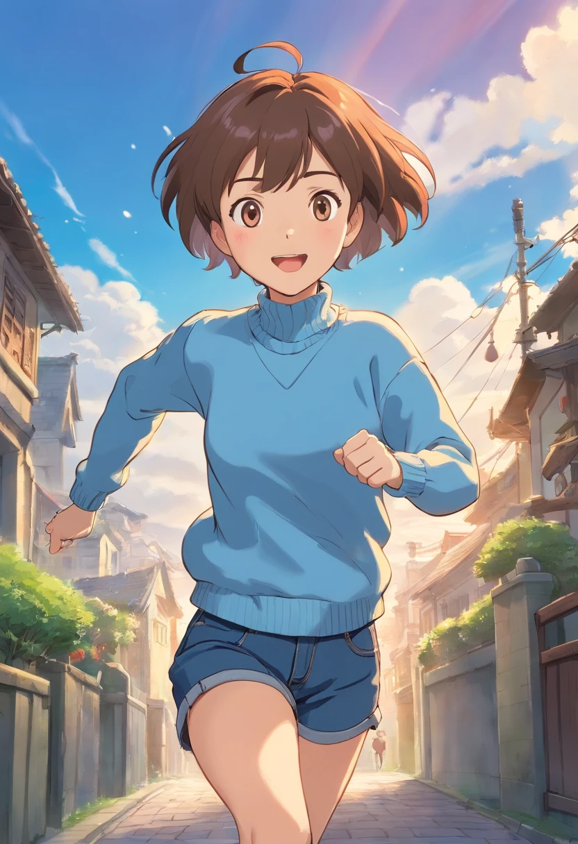 Short-haired girl in light blue sweater running in jeans and having fun