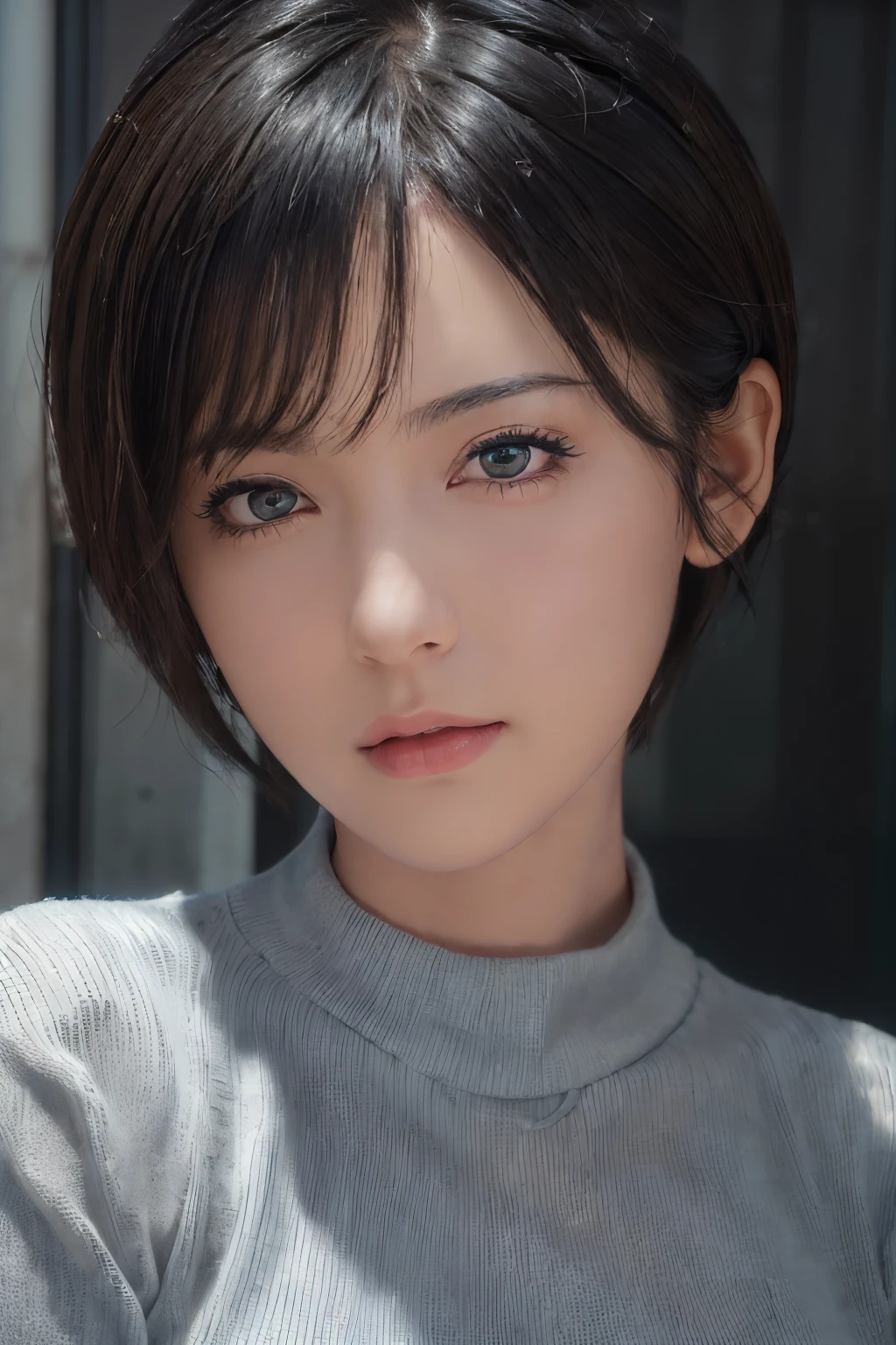 (masterpiece:1.3), (8k, photorealistic, RAW photo, best quality: 1.4), (1girl), beautiful face, (realistic face), (black hair, short hair:1.3), beautiful hairstyle, realistic eyes, beautiful detailed eyes, (realistic skin), beautiful skin, (sweater), absurdres, attractive, ultra high res, ultra realistic, highly detailed, golden ratio