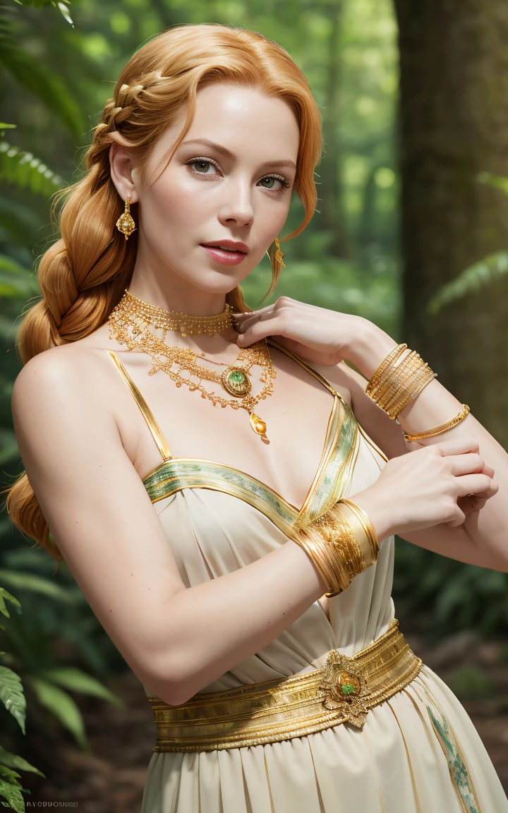 (Grace Kelly:Marilyn Monroe:0.5), A 35-year-old woman with ginger hair, high detail, face, high detail skin, detailed green eyes, one large braid, a gold necklace with a ruby pendant, dressed in a revealing white Greek tunic and Roman sandals, with gold bracelets on her arms, forest in the background, masterpiece, extremely high detail, cinematic lighting. backlight. shallow depth of field, bokeh, sharp focus, RAW photo