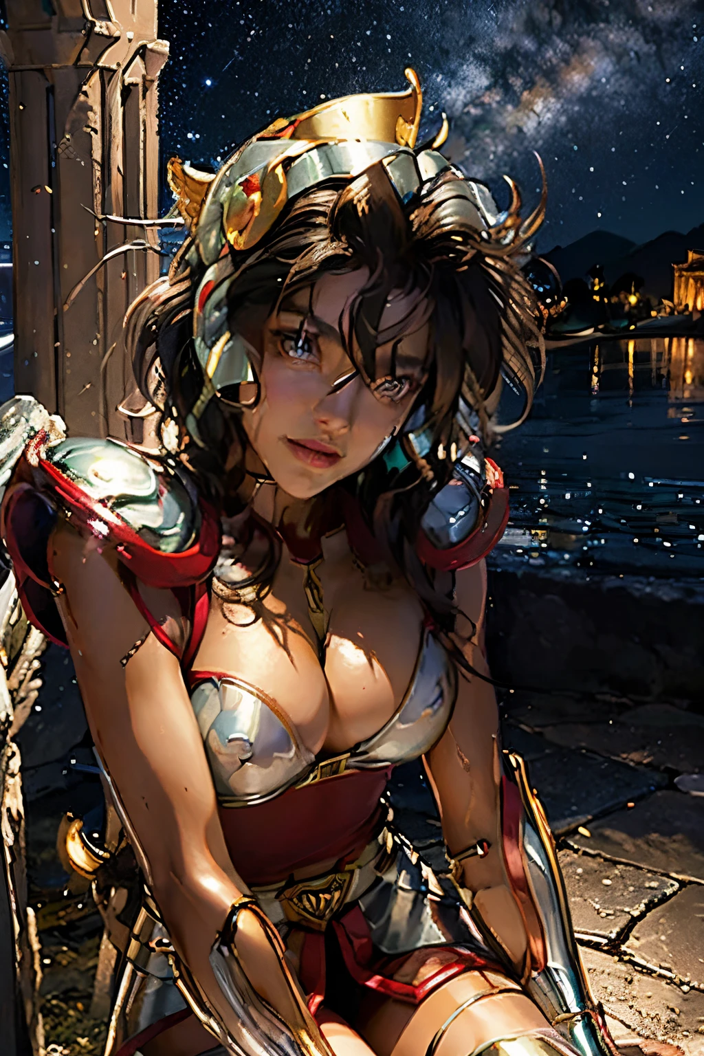 masterpiece, best quality, ultra high res, realistic skin texture, armature, (photorealistic:1.4), high resolution, raw photo, 1 girl, shiny skin, (detail skin:1.2), realistic skin texture, best lighting, wearing red pants, (big breast:1.3), sparkle, mecha armor, (short hair:1.2), (Pegasus Seiya:1.2), wearing a winged helmet, dramatic lighting, dynamic pose, (greek temple background:1.3), night sky, cosmos, milky way,