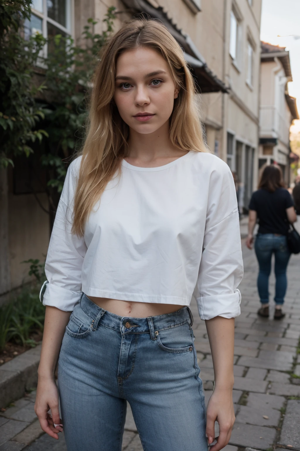 Blonde Swedish woman wearing a white shirt and a darkblue jeans in a summer environment right after sunrise, a few other people in the background