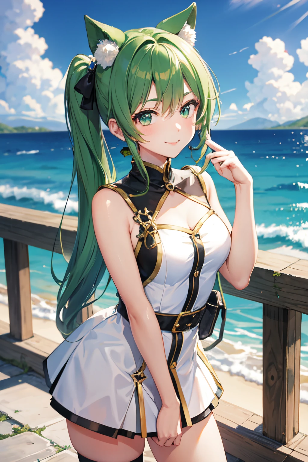 score_9,score_8_up,score_7_up,score_6_up,score_5_up,score_4_up, source_anime, bbkiyo, long hair, green hair, white horns, hair flower, yellow eyes, detached collar, cleavage, school swimsuit, blue one-piece swimsuit, elbow gloves, white gloves, sash, <lora:kiyohime_(lancer)_XL_1:1>, standing, cowboy shot, smile, beach