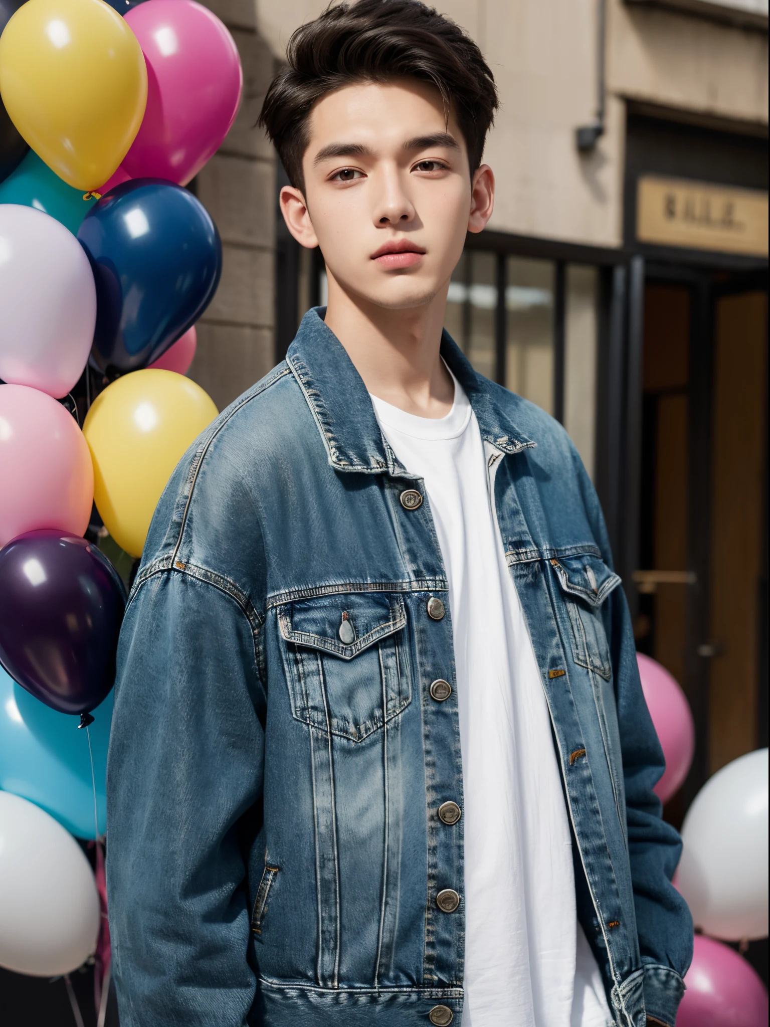 male, 20 year old boy, black eyes, slick back, denim jacket, half body photo, head facing the camera, colorful balloons in the background, street