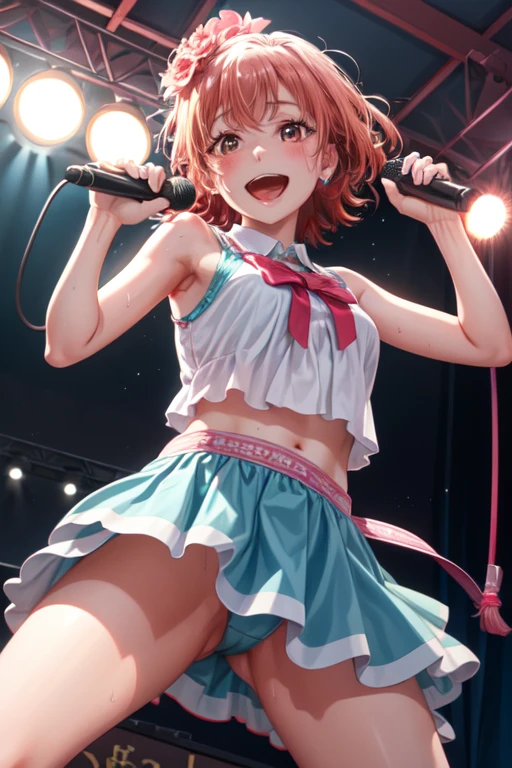 hight resolution, top-quality, ultra-quality, The ultra-detailliert, lighting like a movie、In the street、full of sweat、Wearing sweat、A dark-haired、Idol girl singing in bandstand、huge smile、Sunnyday、open one's legs、Spread your legs apart、Sunnyday、