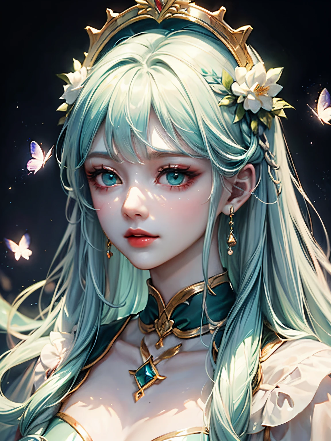 a beautiful girl with teal colored hair and butterflies in her hair, in the style of yanjun cheng, light emerald and white, fairycore, dark turquoise and light gold, delicate flowers, hyper-realistic water, light teal and white