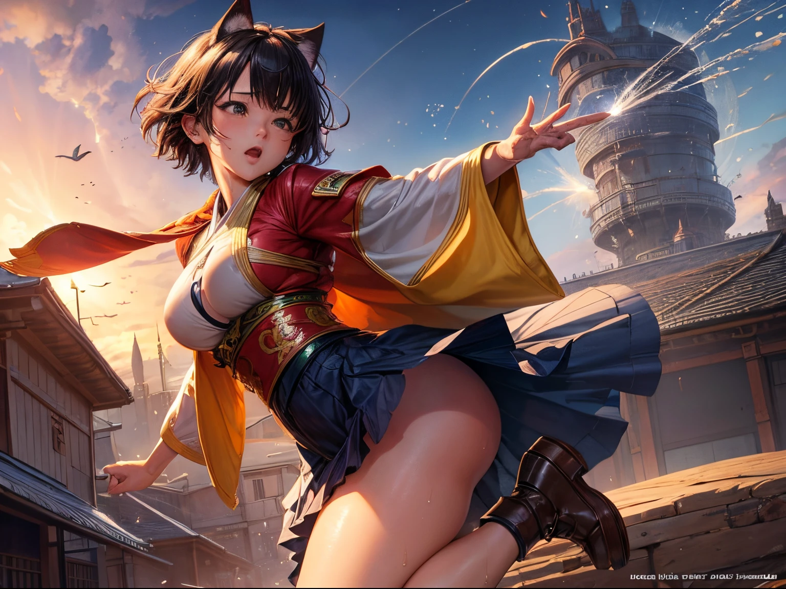 Katsuhiro Otomo, Alphonse Mucha, Surreal, mysterious, strange, fantastical, fantasy, Sci-fi, Japanese anime, a world where time has stopped, only short-haired miniskirt beautiful high school girls can move, perfect voluminous body, a cat jumping up mid-movement, a car, a boy running, a housewife watering, a postman, dynamic Feeling, hyper detailed masterpiece hyper realistic cinematic lighting dynamic action poses perspectives angles scanty clothes ???? ?????? provocative body wet wet skin glistening real big ???? big ??? hyper fine lines happy ?????? embarrassed blushing zoom in close up bird’s eye views various angles