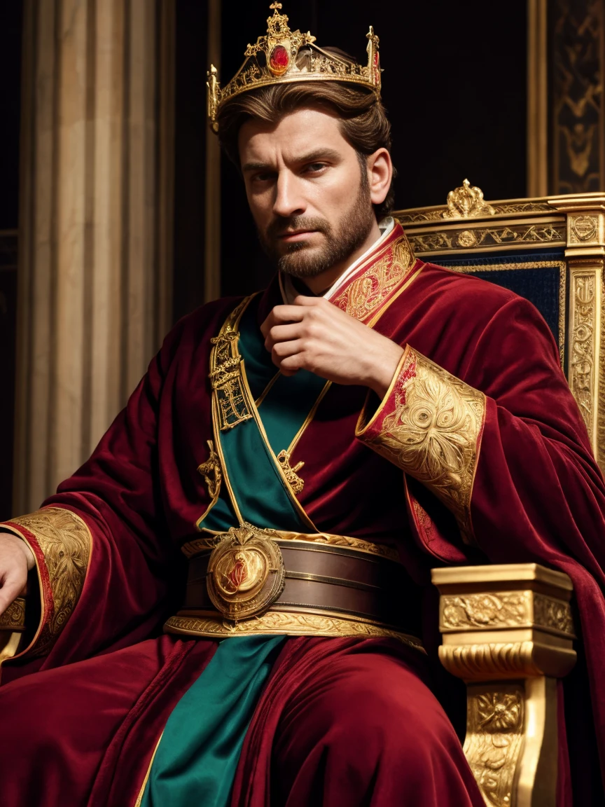 constantinethegreat,best quality,ultra-detailed,photorealistic,portrait,painting,emperor of rome,wise and powerful,strong jawline,sharp eyes,confident expression,dressed in regal attire,sitting on a throne,surrounded by symbols of power and authority,golden crown,red velvet robe,historical background,marble pillars,intense lighting,cold color tones,grandeur and majesty.