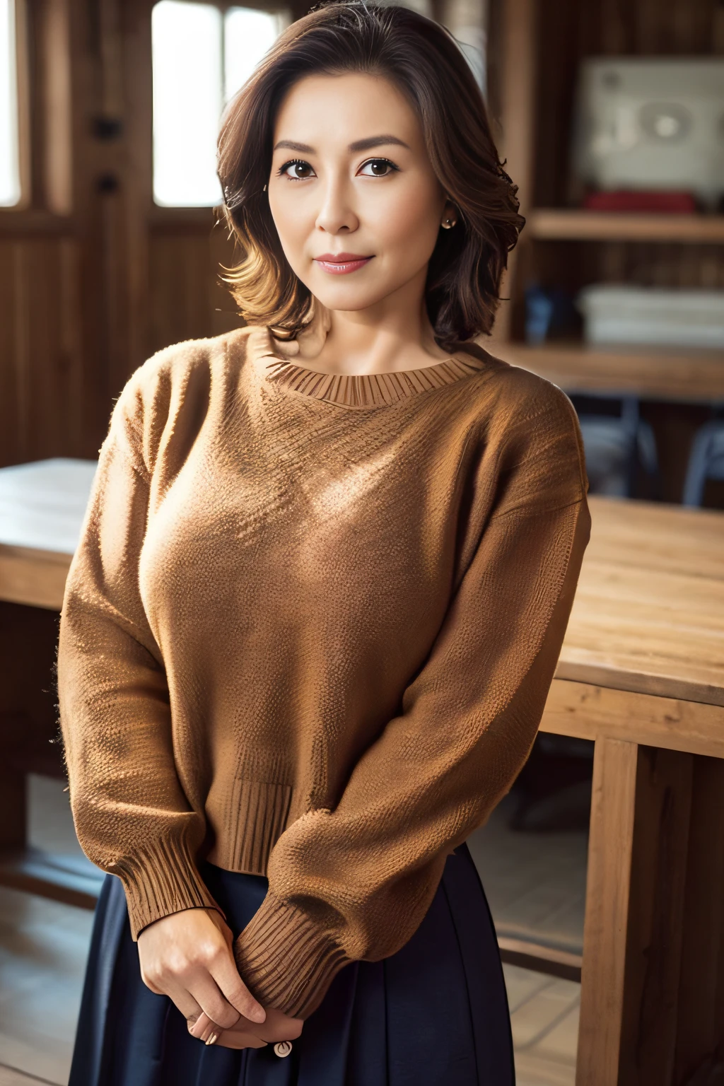 top-quality, masterpiece, hight resolution, Photorealsitic, profetional lighting, ighly detailed, depth of fields, ((beautiful mature lady)), ((40 years)), Female sexy, Classroom, ((Sweaters, skirt by the)), Detailed face, beautidful eyes, bangss, large breasts of good shape, Light Brown Straight Hair, Faint lips, ((Stand forward、gazing at viewer, Serious face)), cowboy shot, sharp,