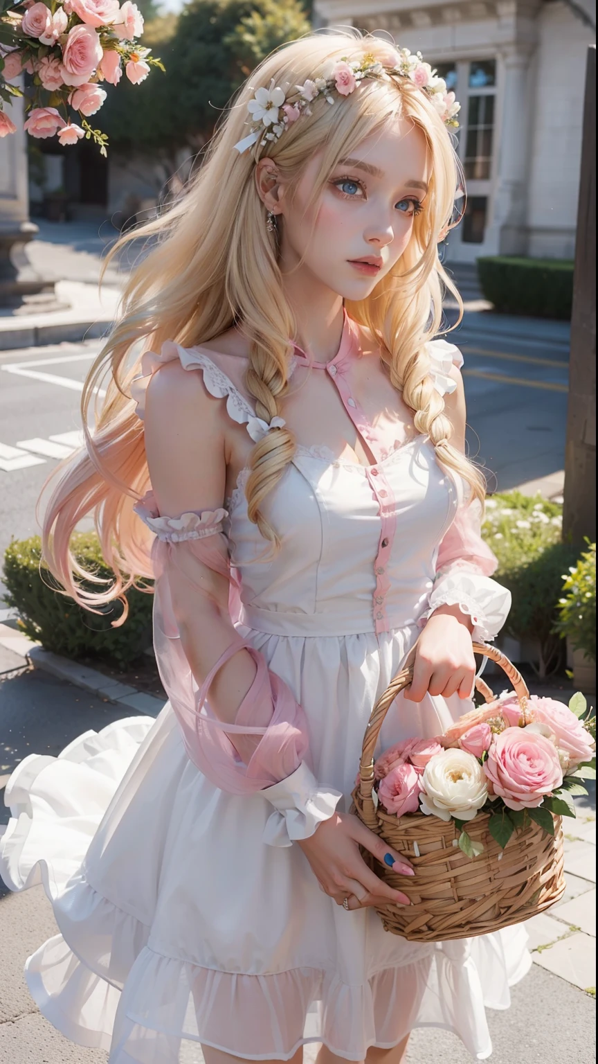 female, woman wearing white dress, long blonde hair with pink ombre has a basket of flowers with cat around her fantasy,