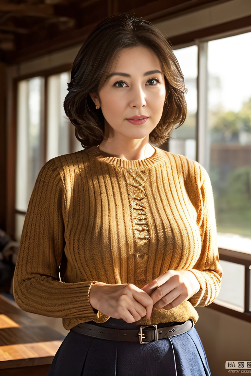 top-quality, masterpiece, hight resolution, Photorealsitic, profetional lighting, ighly detailed, depth of fields, ((beautiful mature lady)), ((40 years)), Female sexy, Classroom, ((Sweaters, skirt by the)), Detailed face, beautidful eyes, bangss, large breasts of good shape, Light Brown Straight Hair, Faint lips, ((Stand forward、gazing at viewer, Serious face)), cowboy shot, sharp,