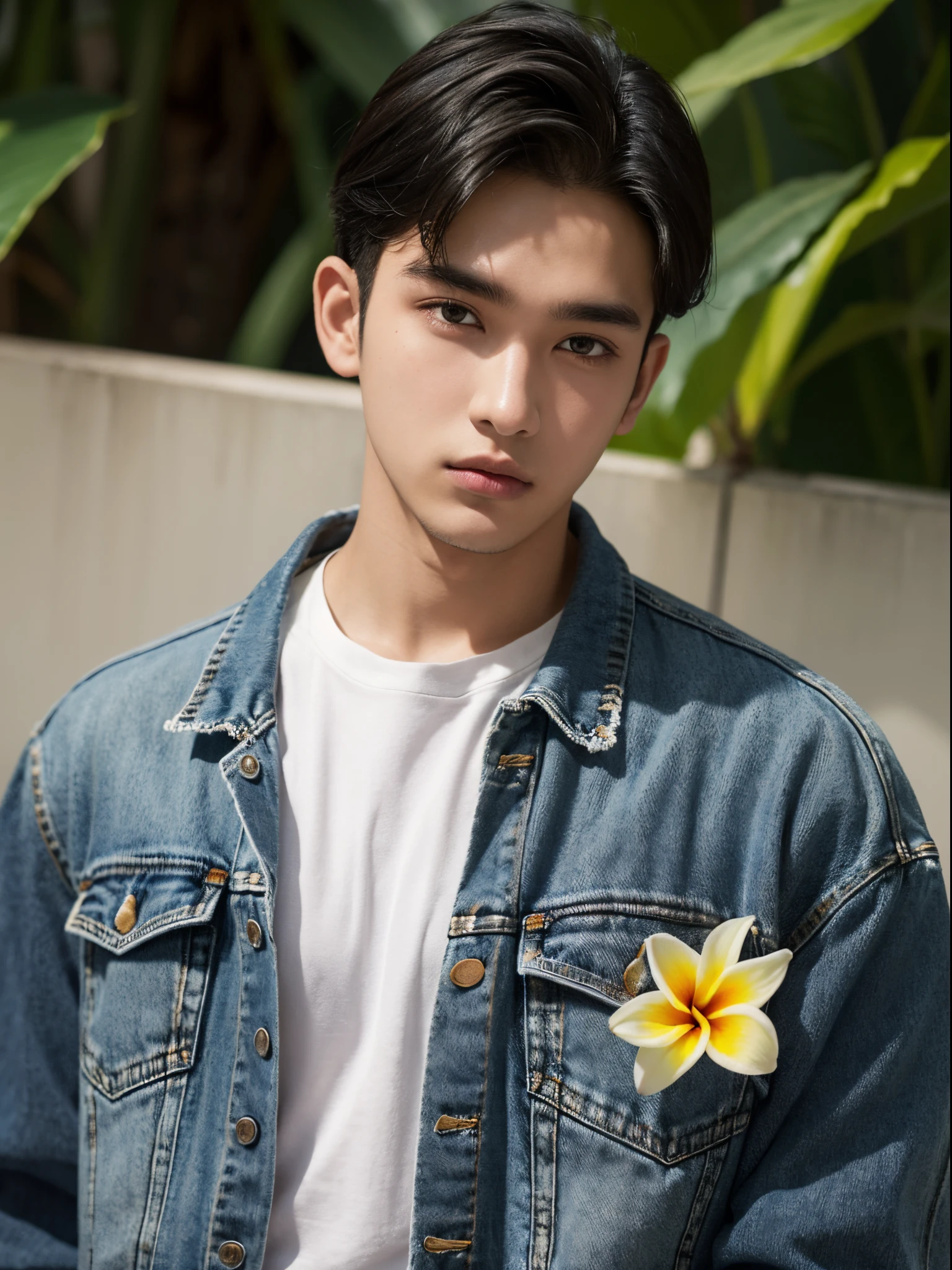 male, 20 year old boy, black eyes, slick back, denim jacket, half body photo, head facing the camera, frangipani flower