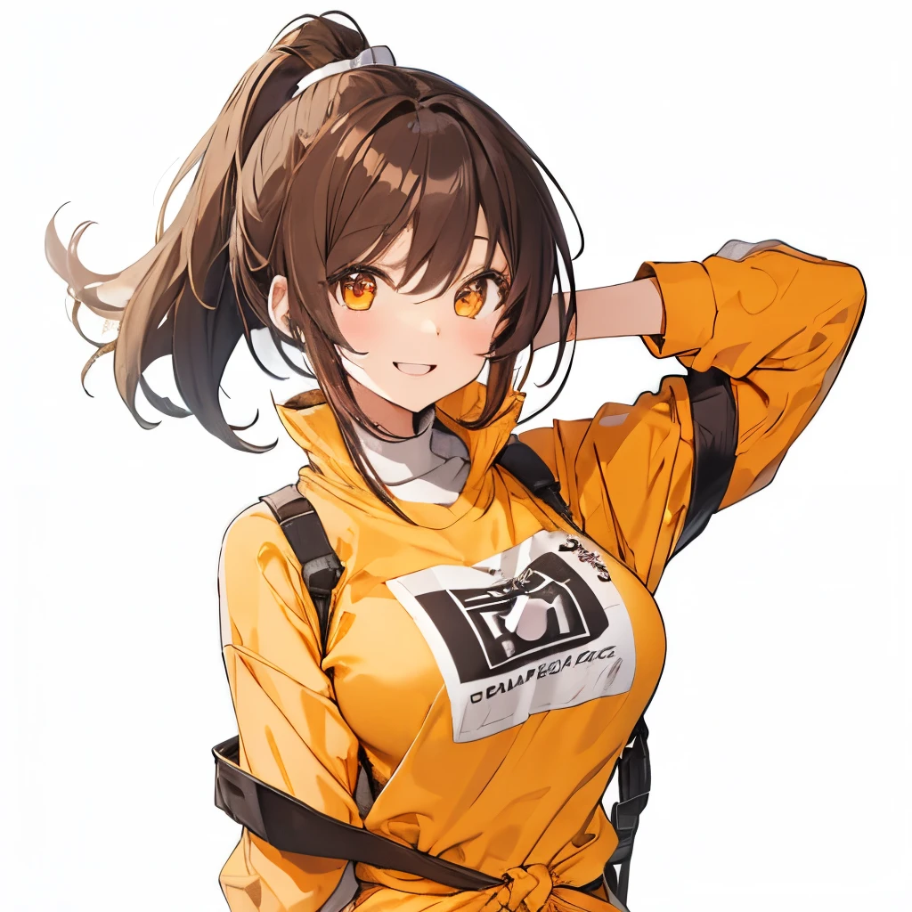 【Highest Quality, masutepiece】 [girl, Manteau, expressioness,deep orange eyes, front facing,dark brown hair,long ponytail hair,yellow knit cloth, Happy, Upper body] (Gray white background:1.2),very happy smile,boobs,