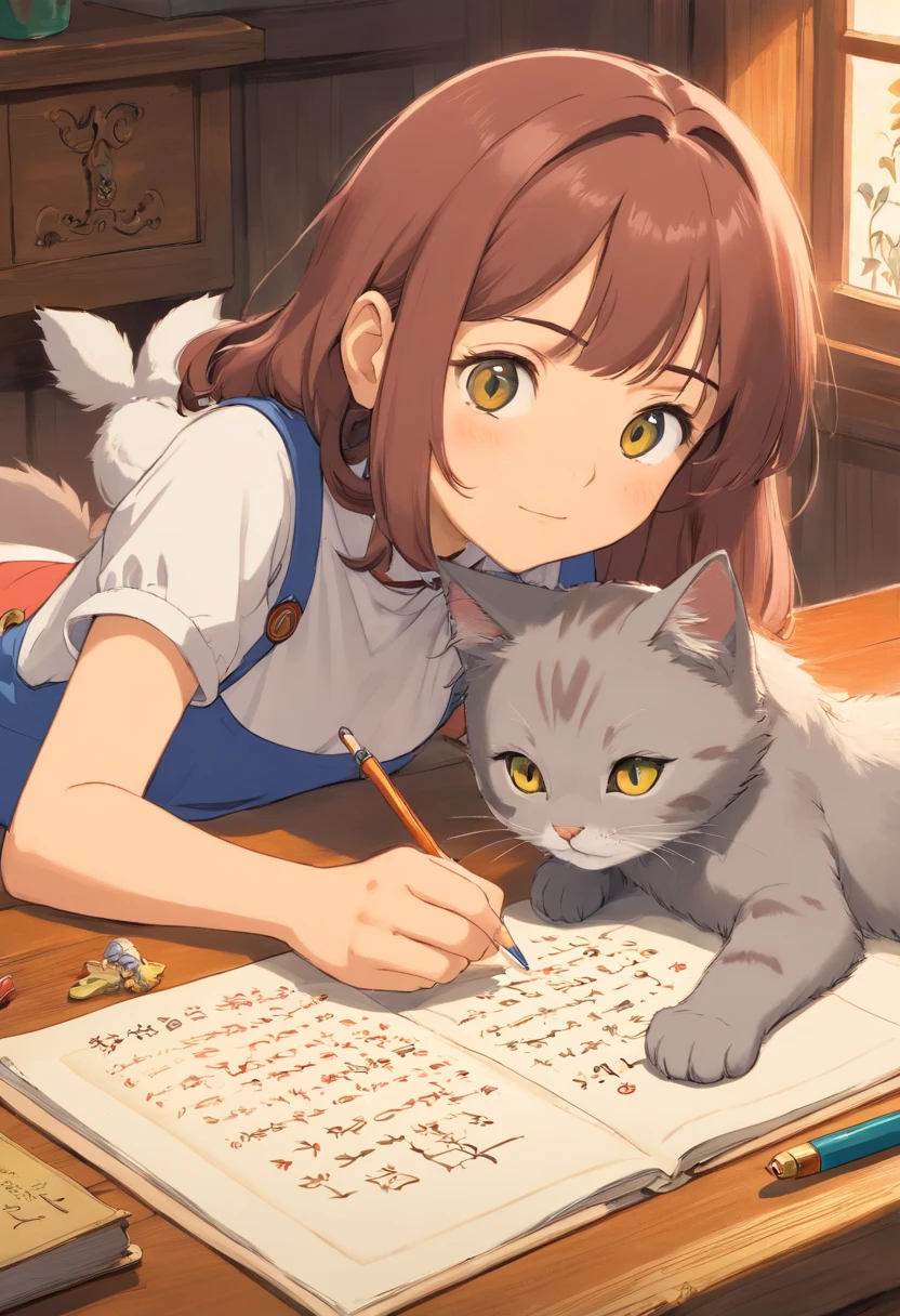Kitten lies next to girl's writing hand