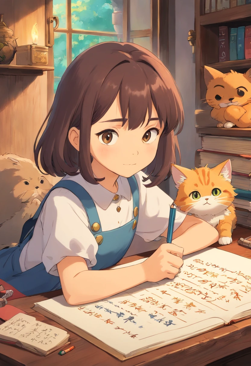 Kitten lies next to girl&#39;s writing hand