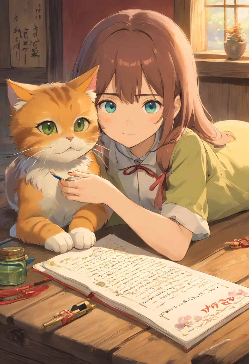 Kitten lies next to girl&#39;s writing hand