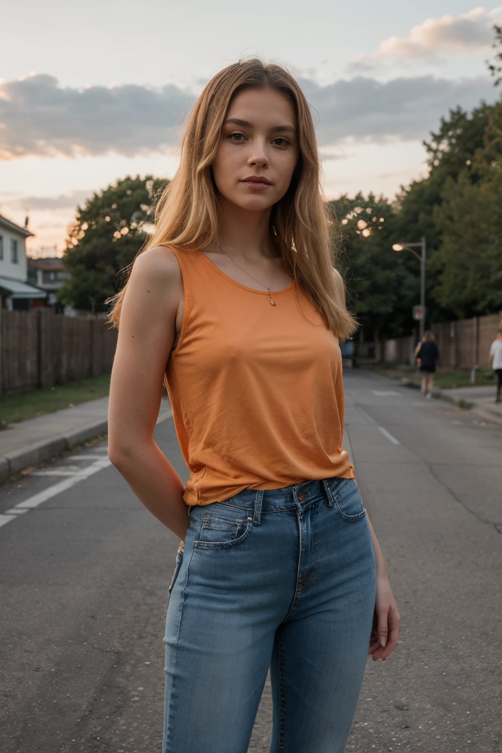 Blonde Swedish woman wearing an orange shirt and a darkblue jeans in a summer environment right before sunset, a few other people in the background