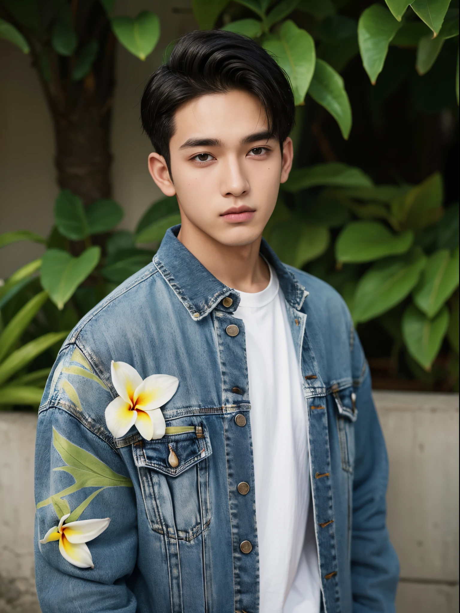 male, 20 year old boy, black eyes, slick back, denim jacket, half body photo, head facing the camera, frangipani flowers fill the background