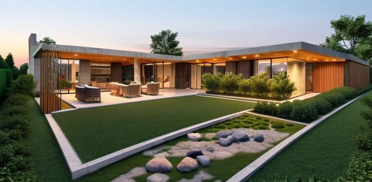 best quality)) ((super realistic)) garden photo, close up of small house, stones on grass, grass path, The wedding restaurant has a large yard with sparkling lights