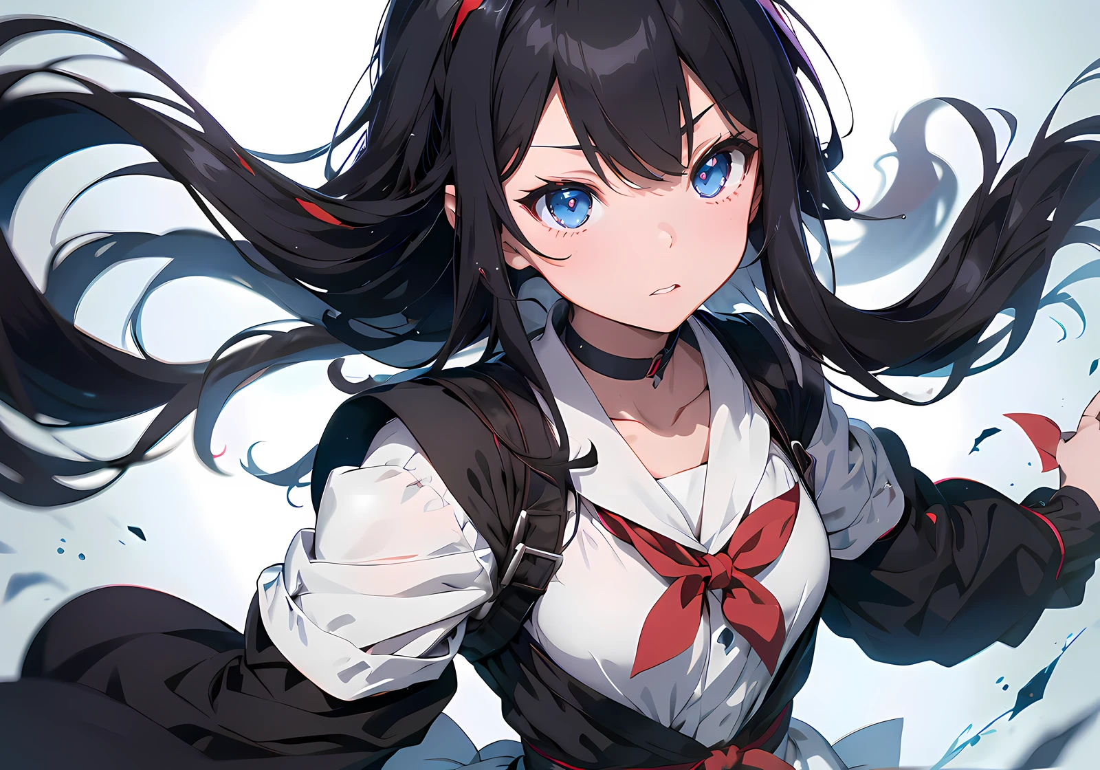 anime girl with long black hair and blue eyes in front of a black and white background, a picture by Jin Homura, tumblr, shin hanga, attractive matoi ryuko, anime style 4 k, ryuko matoi, anime moe artstyle, rin, anime style. 8k, hanayamata, yandere