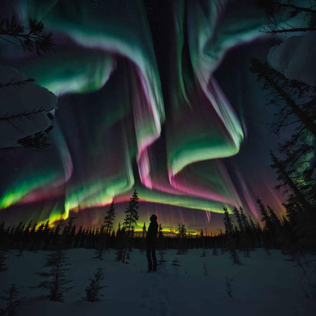 Northern lights over the forest of the north, night  sky, bright neon image, Photorealistic landscape, bright fluorescent colors