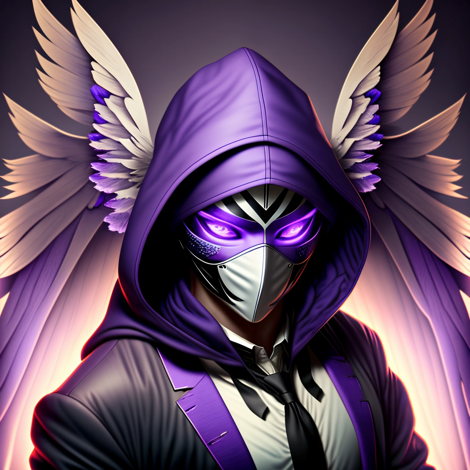 Man in black and purple 3 set suit, with 4 wings, with a hood trinity mask covering face with purple colored lighted eyes
