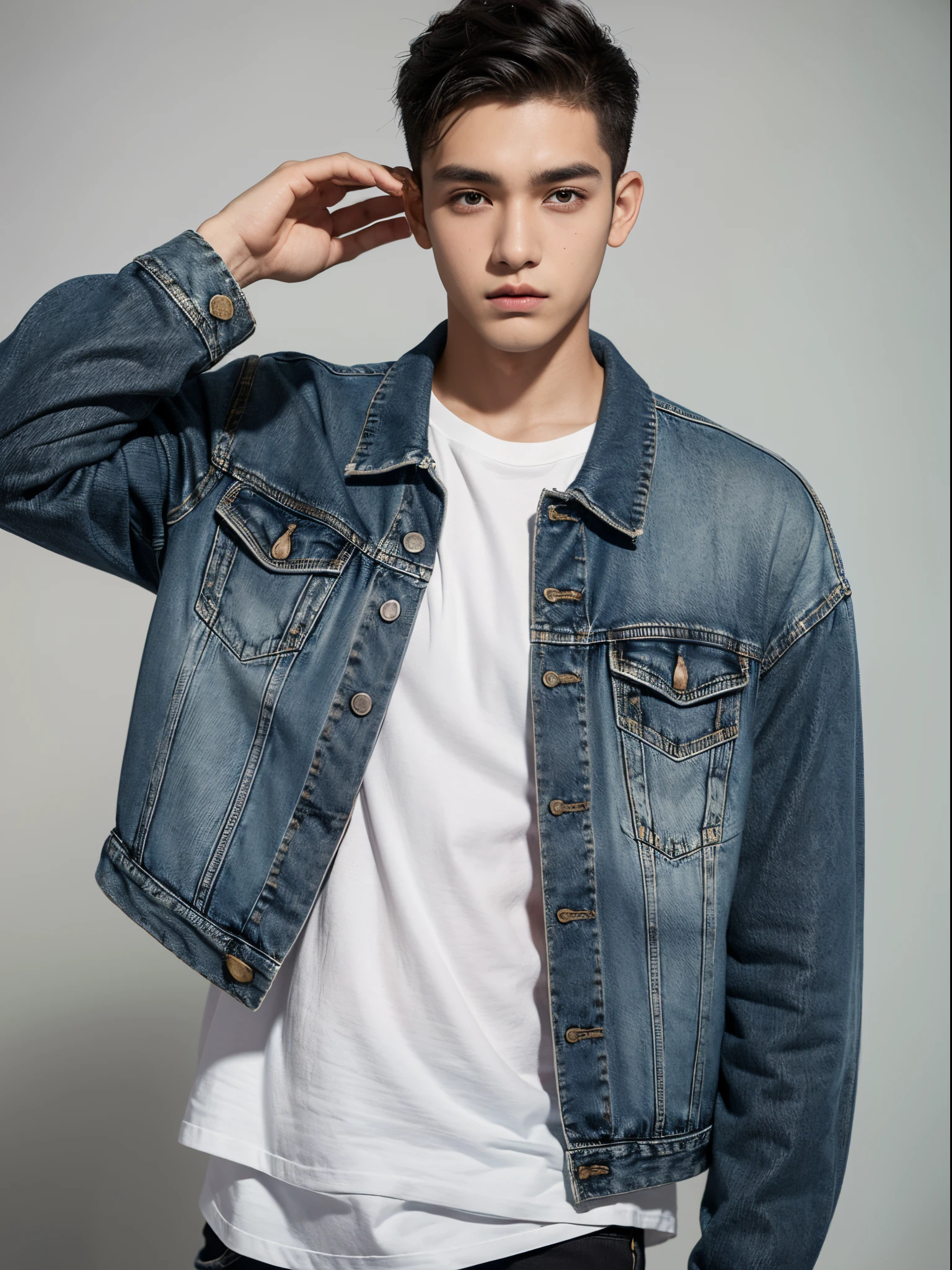 male, 20 year old boy, black eyes, slick back, denim jacket, half body photo, head facing the camera, frangipani flowers fill the background