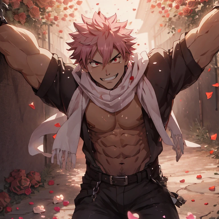 Dynamic angle, masterpiece, best quality red eyes, game cg, 1boy, adult male solo, male focus, looking at viewer smirking, upper body flexing muscles, Natsu Dragneel natsu_dragneel, pink hair, red eyes, bdsm chained up, chained up body and hands , toned muscle, pectorals, 8 abs, toned legs, slightly bulged, rose bushes background, detailed, spotlight, well lit, ((white scarf:1.1 )) ((rose petals:1.5))