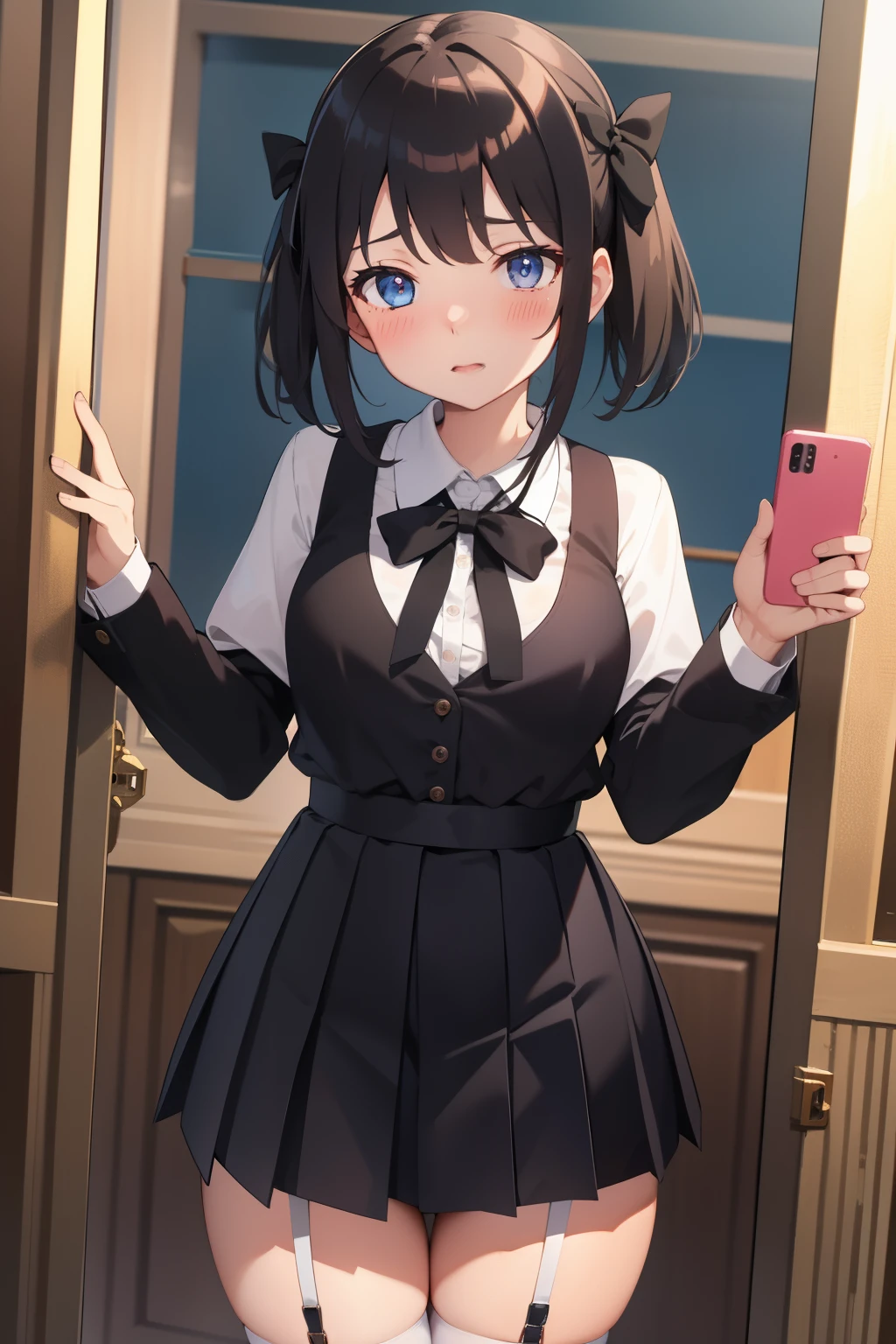 masterpiece, best quality, highly quality , KHiiragi-KJ , pleated suspender skirt , black bow , hair ribbon , (thighs:1.2) , blush , city , selfie
