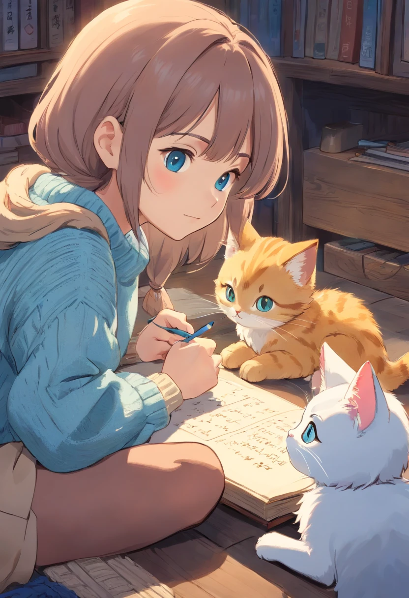 Girl wearing light blue sweater writing with kitten lying next to her