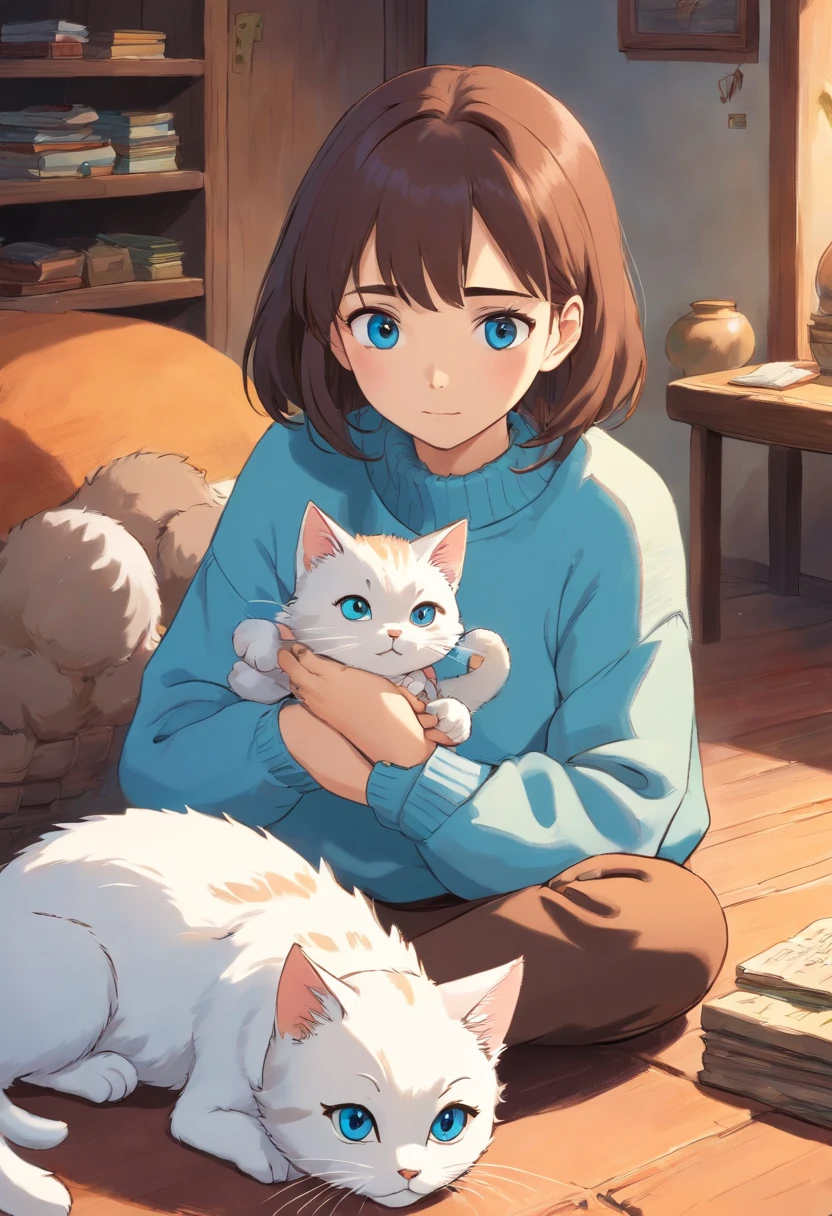 Girl wearing light blue sweater writing with kitten lying next to her