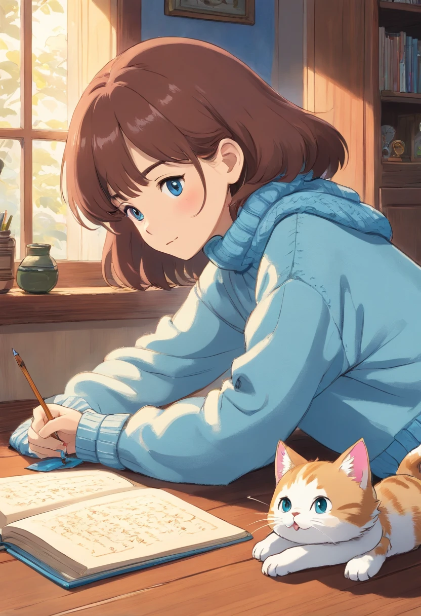 Girl wearing light blue sweater writing with kitten lying next to her