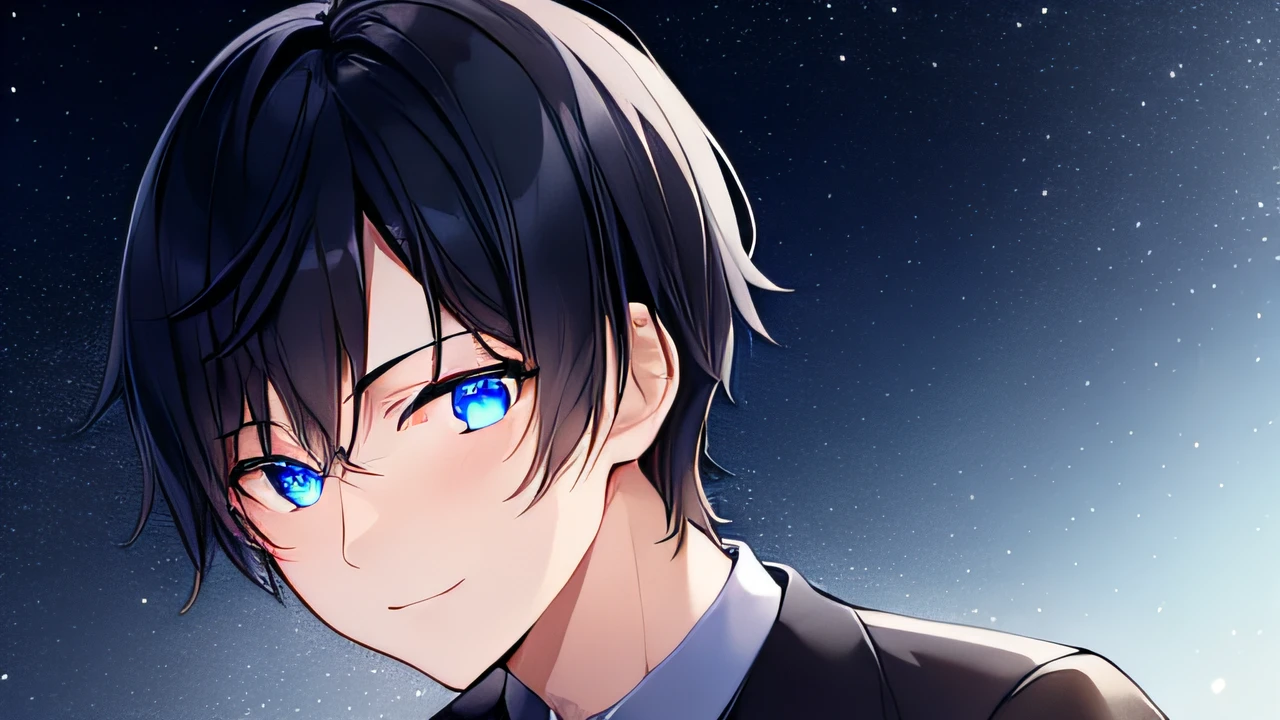 One young man、Black hair、Blue eyes、 sharp short hair、Smile refreshingly、i'under the winter starry sky