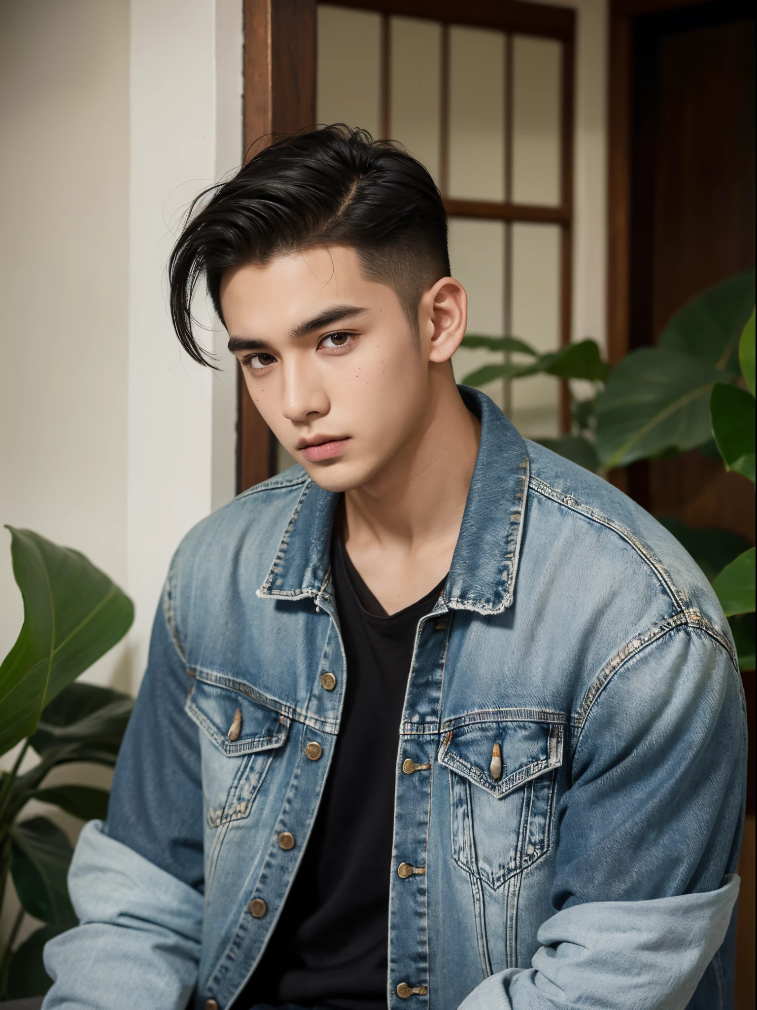 male, 20 year old boy, black eyes, slick back, denim jacket, half body photo, head facing the camera, frangipani flower