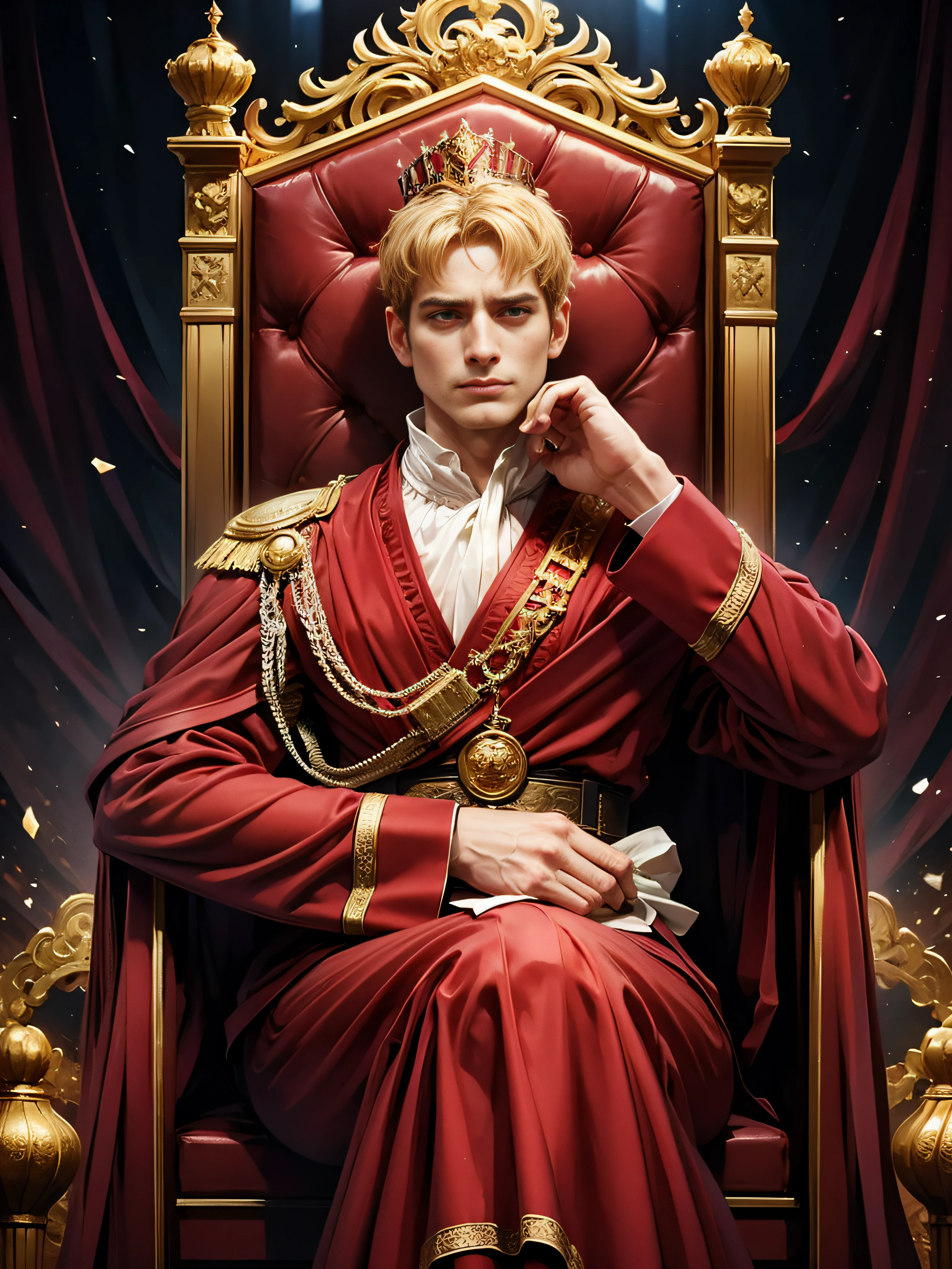 Constantine the Great,Best Quality,Ultra-detailed,Photorealistic,Portrait,Painting,Roman Emperor,smart and powerful,Strong Jawline,Sharp eyes,Confident expression,hali々dressed in formal clothes,Sitting on a throne,surrounded by symbols of power and authority,Golden crown,red velvet robe,History reference,Marble pillars,Intense lighting,Cool tones,Magnificence and majesty.