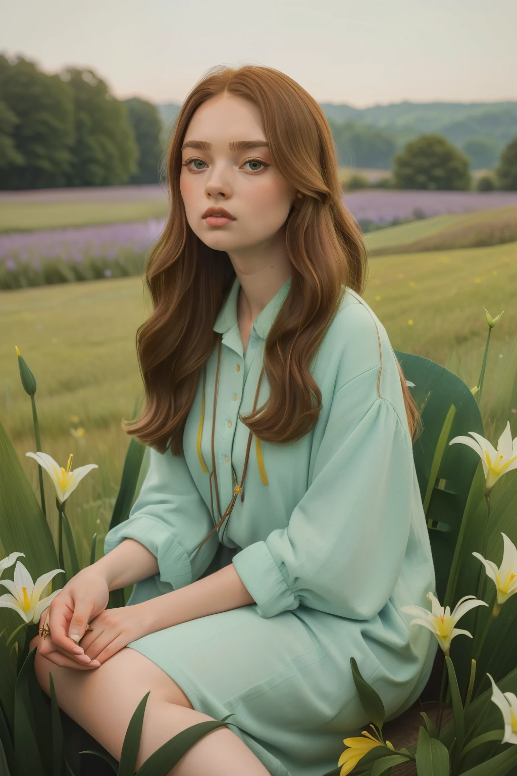 2020, Dubuque, Iowa. Pre-raphaelite Kristine Froseth, country house, idilic, tall grass, lillies, irises, rill, hill, ((((casual clothing from the 2020s)))), ((Hairstyle of the 2020s)), ((Wes Anderson cinematic style)), colorful