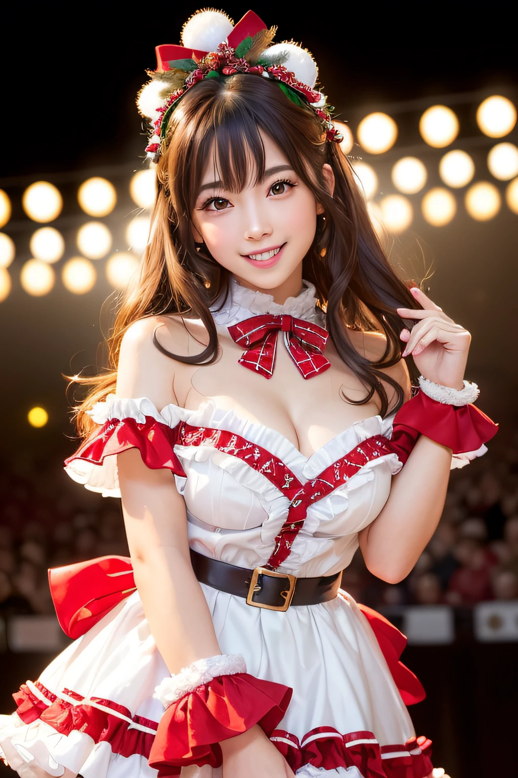 (Highly detailed CG Unity 8k wallpaper, of the highest quality, Ultra-detailed, High resolution, masutepiece, Realistic, Photorealistic:1.5), (cute Japanese girls), extra detailed face, Face Focus, Beautiful detailed eyes, Eye focus, (Detailed background), detailed  clothes, super detailed skin, (A fully decorated idol costume ((Ruffles and ribbons)):1.3), (Look effortlessly chic with a festive idol ensemble:1.2), (Features a Christmas-themed pattern:1.2), (Effortlessly chic hairstyle:1.4), BREAK, (A stage inspired by the magic of Christmas:1.2), (Colorful spotlights illuminating the scene:1.3), (Captivating the essence of Christmas cheer:1.2), (Decorated with cute frills and ribbons:1.3), (Festival stage with a gorgeous atmosphere:1.3), (evoke a sense of holiday magic:1.2), (Whispers of energetic and cute performance:1.1), Midi wavy hair, Brown hair, Floating hair, medium breasts⁩, medium ass, (make up), (Adorable smile:1.3),