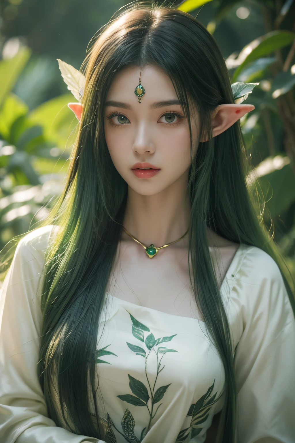 tmasterpiece,Best quality at best,A high resolution,8K,(portrait),(Close up of avatar),(RAW photogr),real photograph,digital photography,(Fantasy style tree woman),female elf,long whitr hair,By bangs,(Dark green hair),(Glowing red eyes),Serious and charming,Green and white plant decoration,Foliage decoration,golden mysterious pattern,Keep your mouth shut,Elegant and calm,(plant queen),Photo pose,Realistic style,green world background,oc render reflection texture
