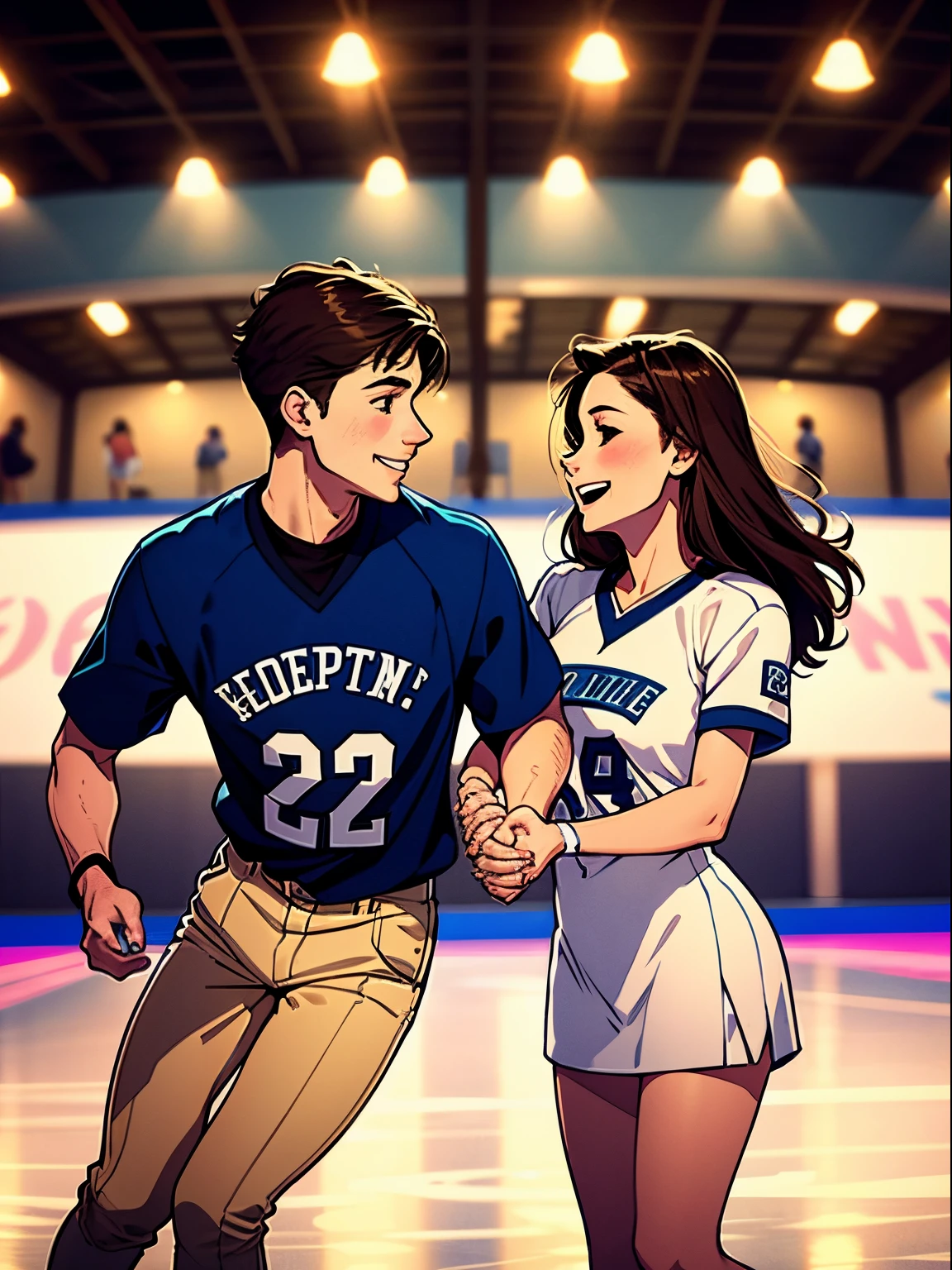 couple inside of ice skating rink, light brunette girl, upclose, brunette guy, holding hands, both boy and girl in picture, happy couple, romantic vibes, human like drawing, good high quality, amazing quality, great quality, guy in hockey uniform, guy in jersey, guy in football jersey, better quality, distinguishable line art, not blurry, no bangs,