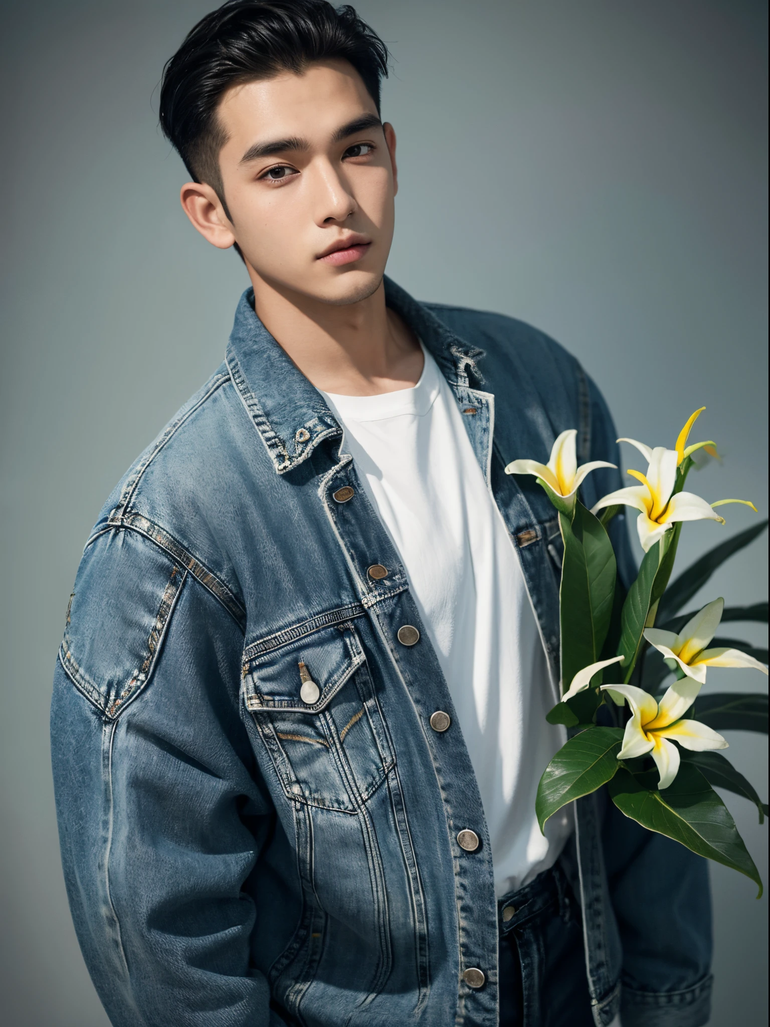 male, 20 year old boy, black eyes, slick back, denim jacket, half body photo, head facing the camera, frangipani flowers fill the background