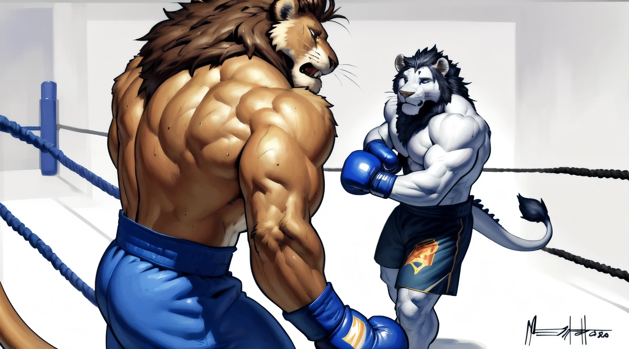 (ultra quality):1.4,color, smooth comics style, (by grimfaust, by meesh, by Taran Fiddler), two characters, dragon:1.8 and lion boxing, muscles:1, athletic build, abs, (correct anatomy):1, lion tail, anime martial arts, sweat:1, sweat dripping, saliva dripping, (white goo dripping):1 from muzzle, strong:1 masculine, boxing ring, fighting:1 scene, (detailed open eyes):1.4, in pain, exhausted, anger:1 expression, wearing boxing gloves, detailed boxing gloves