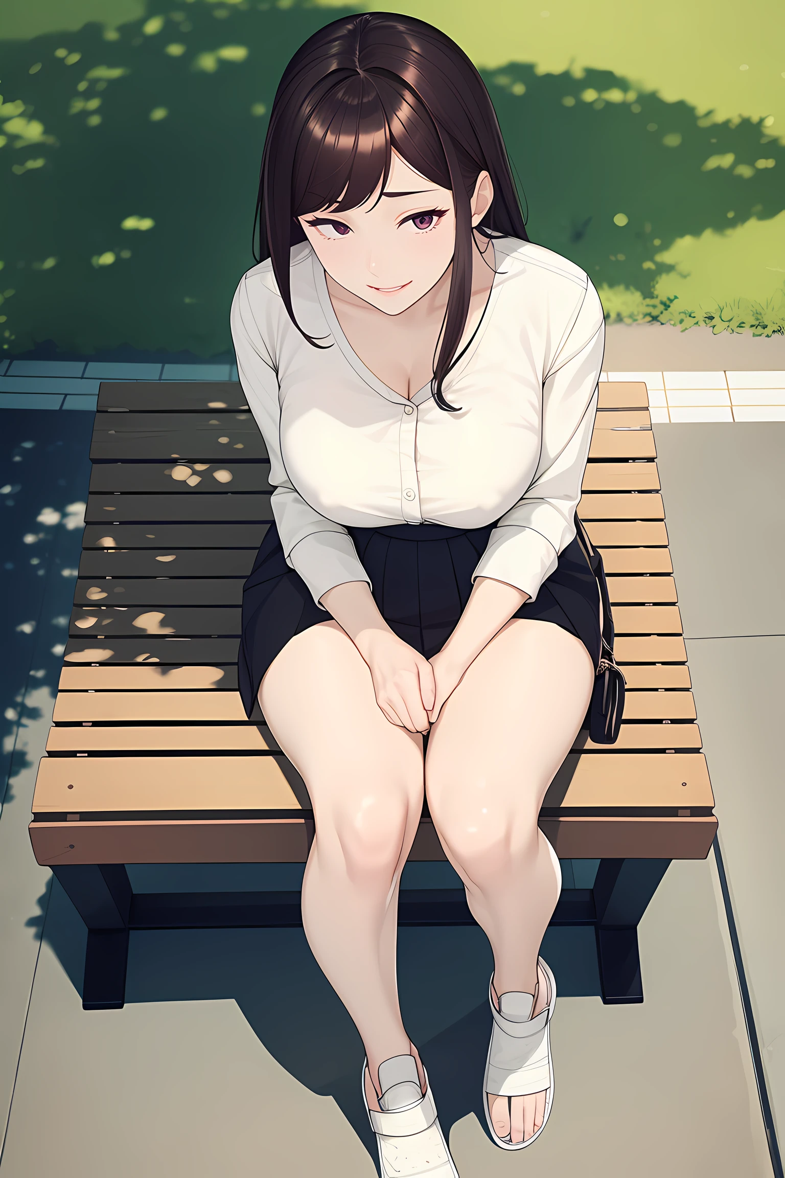 Best quality at best, A woman sits on a bench , 夏天_a skirt, There are dog prints on the clothes