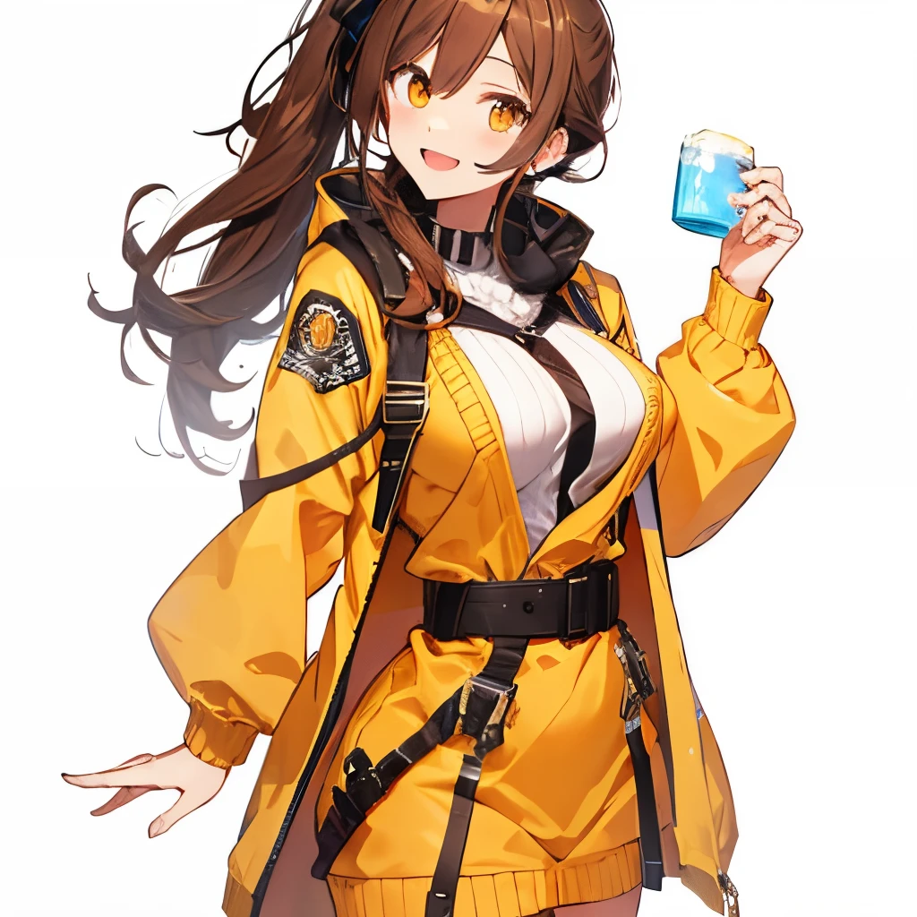 【Highest Quality, masutepiece】 [girl, Manteau, expressioness,deep orange eyes, front facing,dark brown hair,long ponytail hair,yellow knit cloth, Happy, Upper body] very happy smile,boobs,