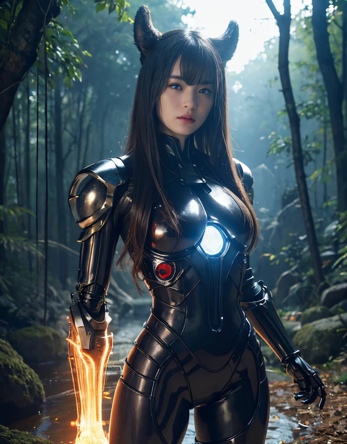 (1 Mechanical Girl)、(Mystical expression)、top-quality、masterpiece、超A high resolution、(Photorealsitic:1.4)、Raw photo、1人、Fight mutants、glowy skin、(((1 Mechanical Girl)))、(Red Metal Bodysuit)、(Fight goblings、ogre、Fierce battle with orcs),(Fight fiercely against aliens)、Fight fiercely、(beautiful forest background)、(Fighting Demonic Beasts)、(Small LED)、((super realistic details))、portlate、(Strong giant demon beast background),globalillumination、Shadow、octan render、8K、ultrasharp、Colossal tits、Raw skin is exposed in cleavage、red metal、Details of complex ornaments、Japan details、highly intricate detail、Realistic light、(Mystical expression),CGSoation Trends、Blue eyes、radiant eyes、Facing the camera、neon details、(Mechanical limbs)、(blood vessels connected to tubes)、(Wires and cables connecting to the head)、Small LED、,Mechanical thighs、Toostock、(Hands are also made of machines)、(Precipitous cliffs、fortress)、机器人、