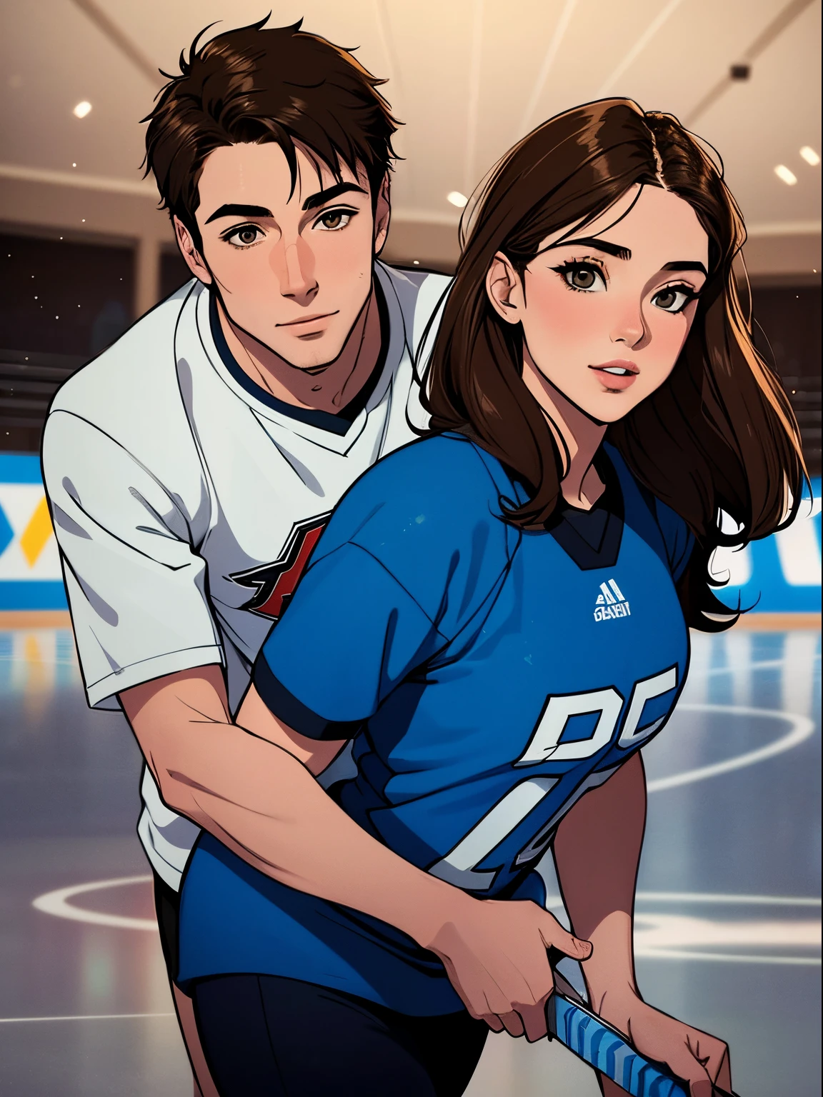 couple inside of ice skating rink, light brunette girl, upclose, brunette guy, both boy and girl in picture, happy couple, romantic vibes, human like drawing, good high quality, amazing quality, great quality, guy in hockey uniform, guy in jersey, guy in football jersey, better quality, distinguishable line art, not blurry, no bangs,