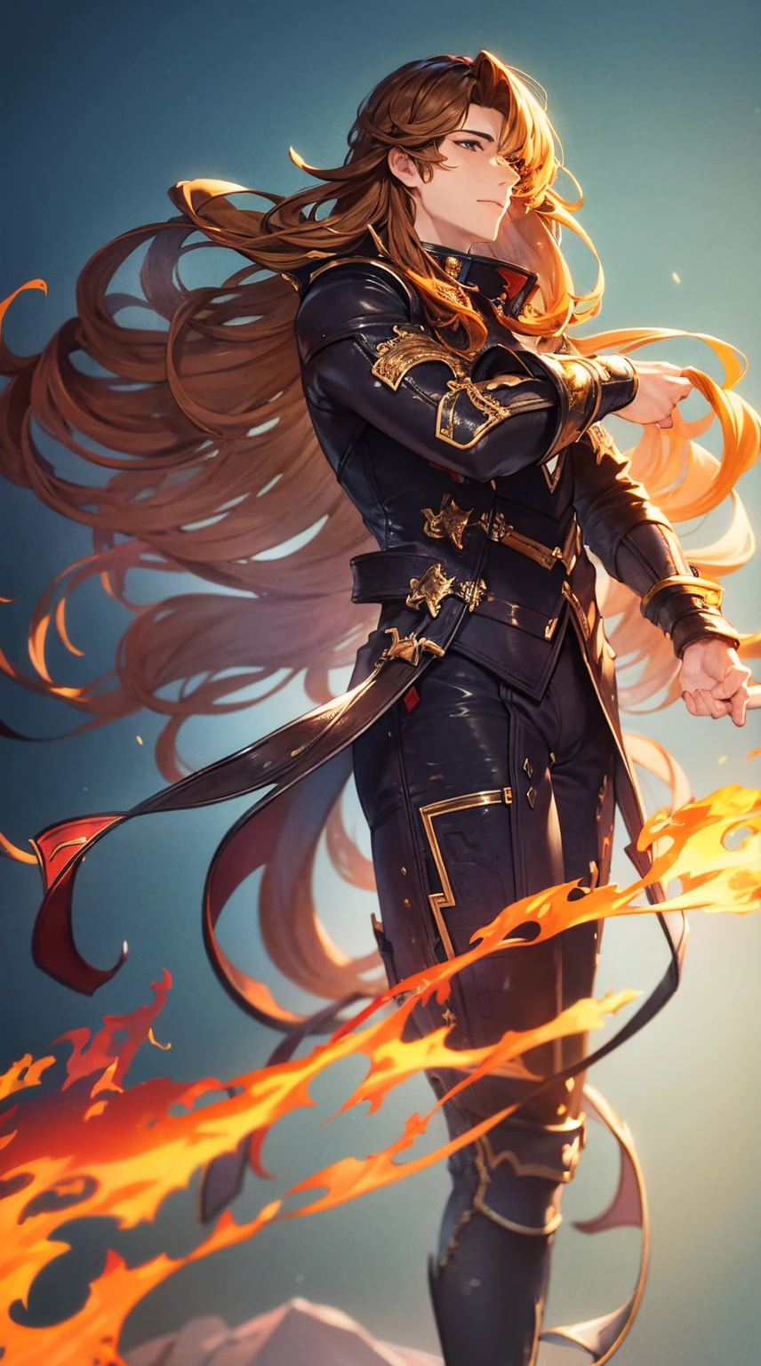 1young man,solo, male photo,blown hair,curly long hair, Best quality, 8K,battle scene,flames dance,super delicate,very cool