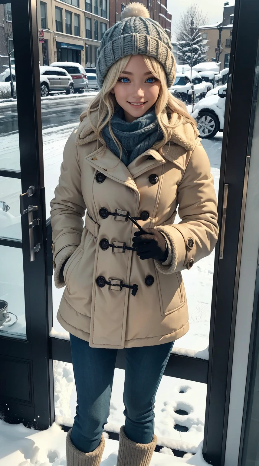 25-year-old Caucasian woman、platinum-blonde、blue eyess、Semi-long、My hair is wavy、a smile、My abs are cracked、a smile、slim muscular body、I don't want my head to disappear from the screen.、Wearing a duffel coat、wearing mitten gloves、I'm in a snowy town、wearing a woolen hat、I'm wearing a muffler、looking into the show window、I'm wearing short boots、I'm wearing hot pants