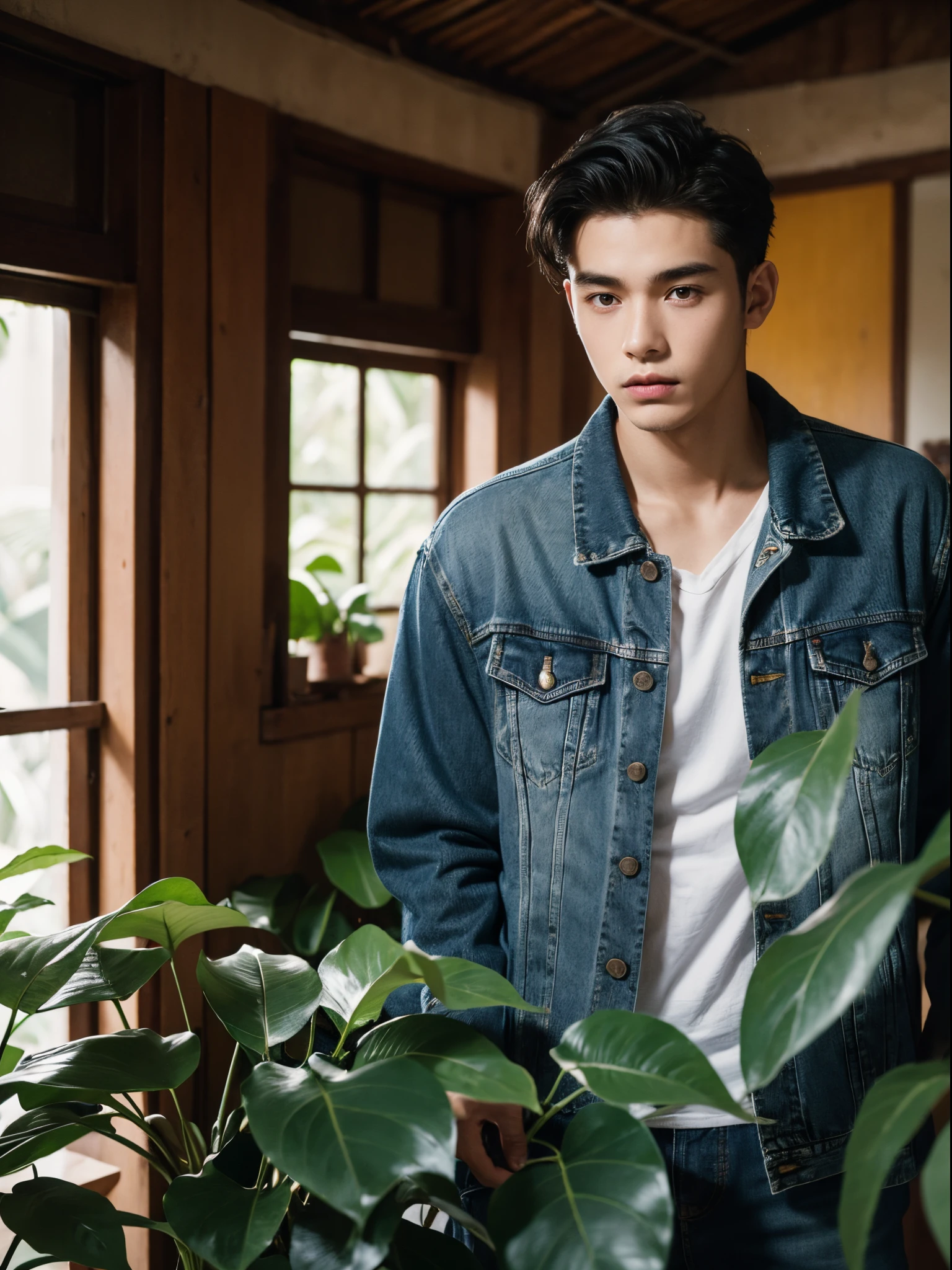 male, 20 year old boy, black eyes, slick back, denim jacket, half body photo, head facing the camera, room, jungle, bougainville